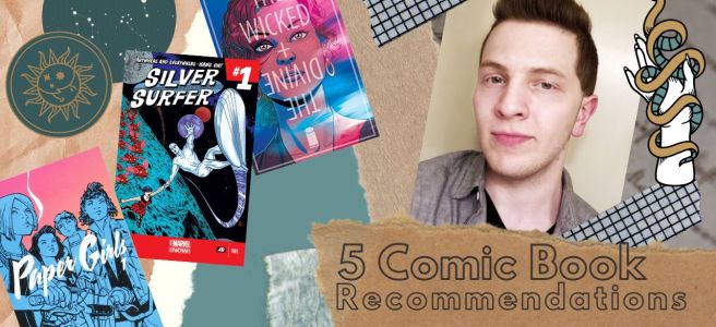 Image is a green and brown collage theme. Text reads ‘5 comic book recommendations’ in bottom right. Above it is a photo of Matt, a white cis man with dark hair in a quiff. To the left are three comic book covers, the wicken and the divine, the silver surfer, and paper girls.